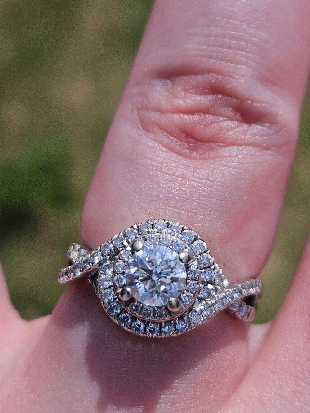 14K White Gold Diamond Double Halo Split Shank Bypass Style Engagement Ring 6.5